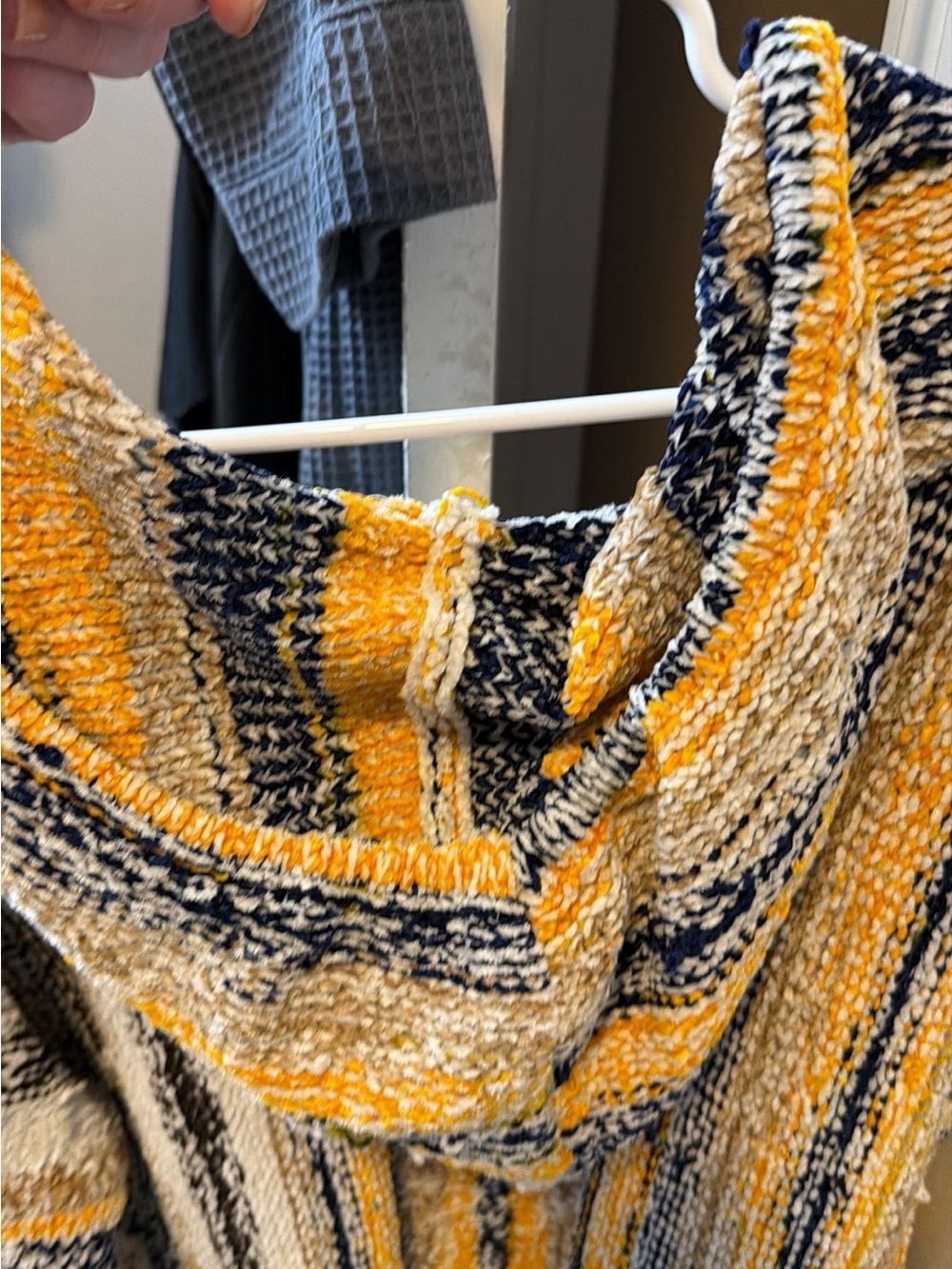 POL Hooded Striped Poncho Sweater in Yellow, Black & Cream - Picture 3 of 4
